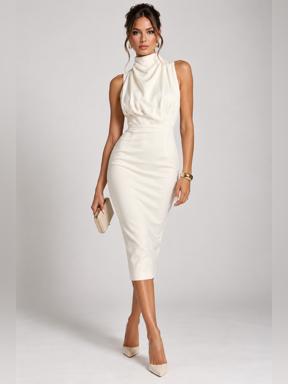 NWT Trendyol Ecru Mock Neck Draped Pencil Midi Dress Size 36 Bodycon Cocktail